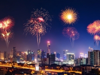 Happy new year firework with Bandkok cityscape at night, geargodz